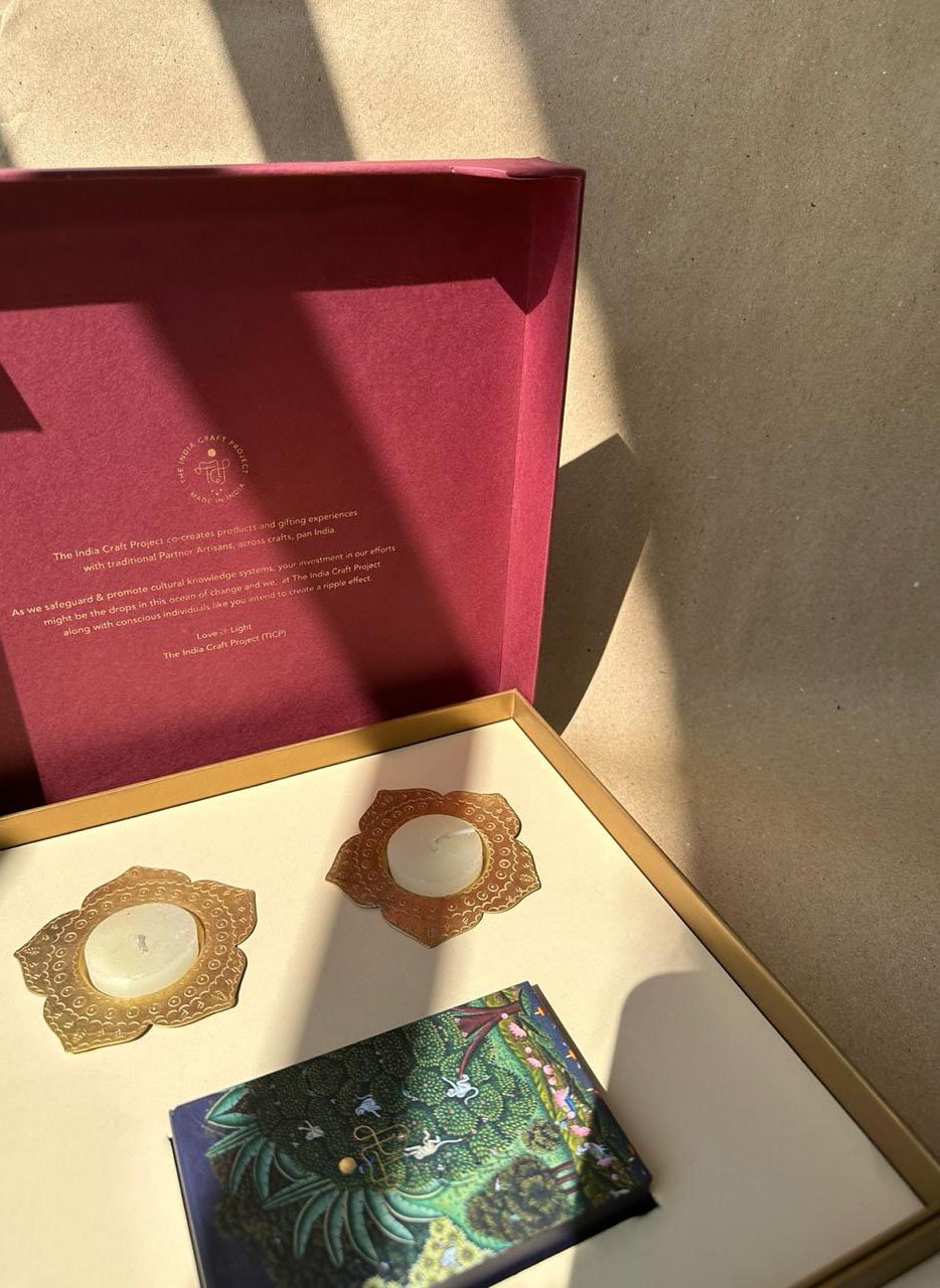 Ramya Gift Box | Set of 2 Brass 'Phool' Tea light Holders and TICP Playing Cards